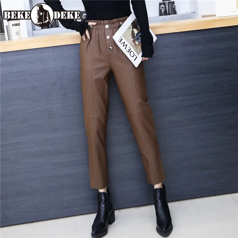 

Брюки-султанки женские из натуральной кожи, весенние штаны до щиколотки с завышенной талией, уличные облегающие повседневные брюки из овчи...