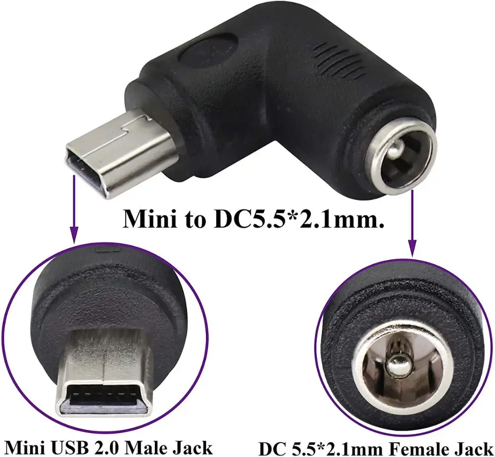 2 Упак. 90 градусов USB мини DC адаптер питания правый угол папа к 5 5x2 1 мм баррель