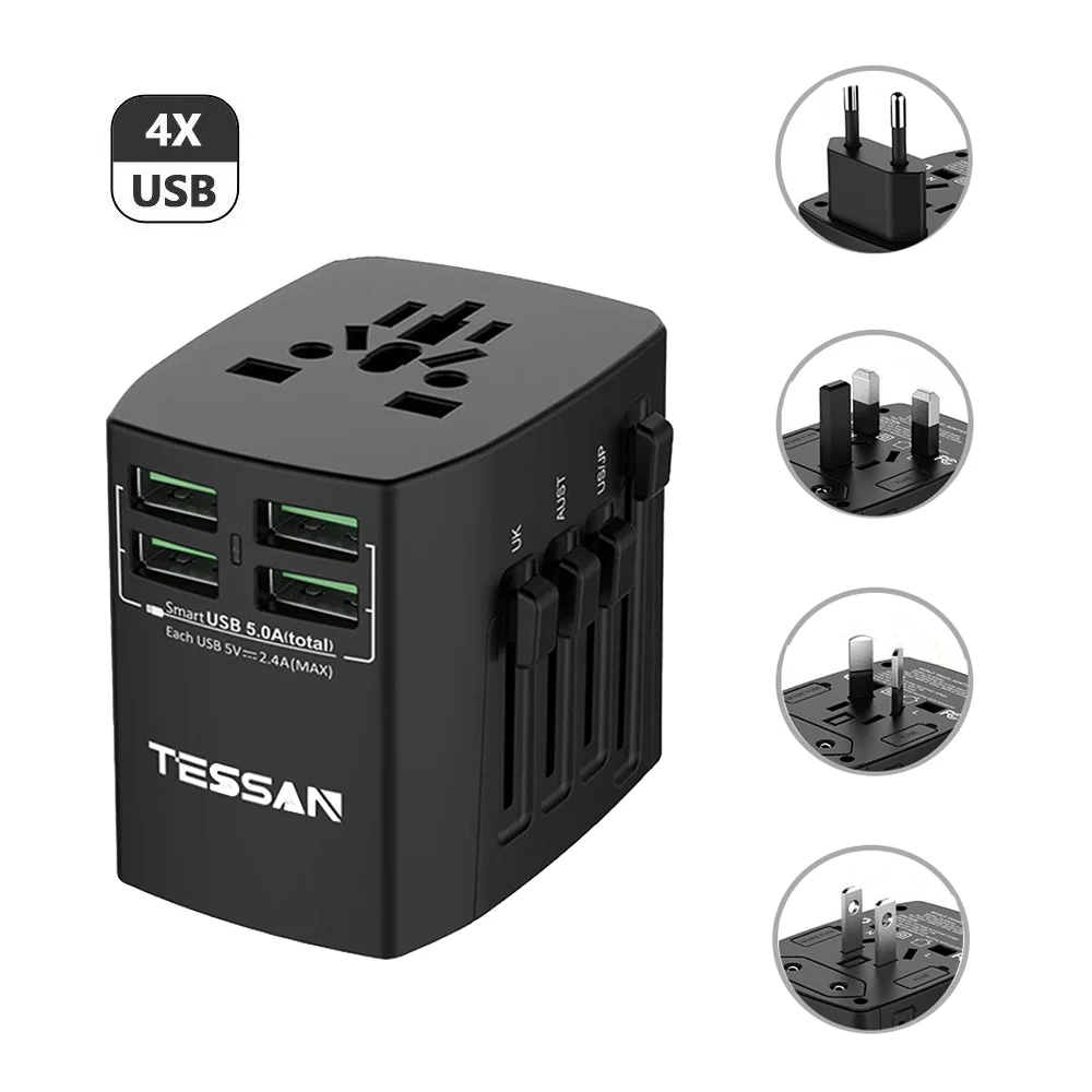 

TESSAN Universal Travel Adapter EU/UK/US/AU/JP/CN Power Charger with Multi Plug USB Ports and Spare Fuse for Overload Protector
