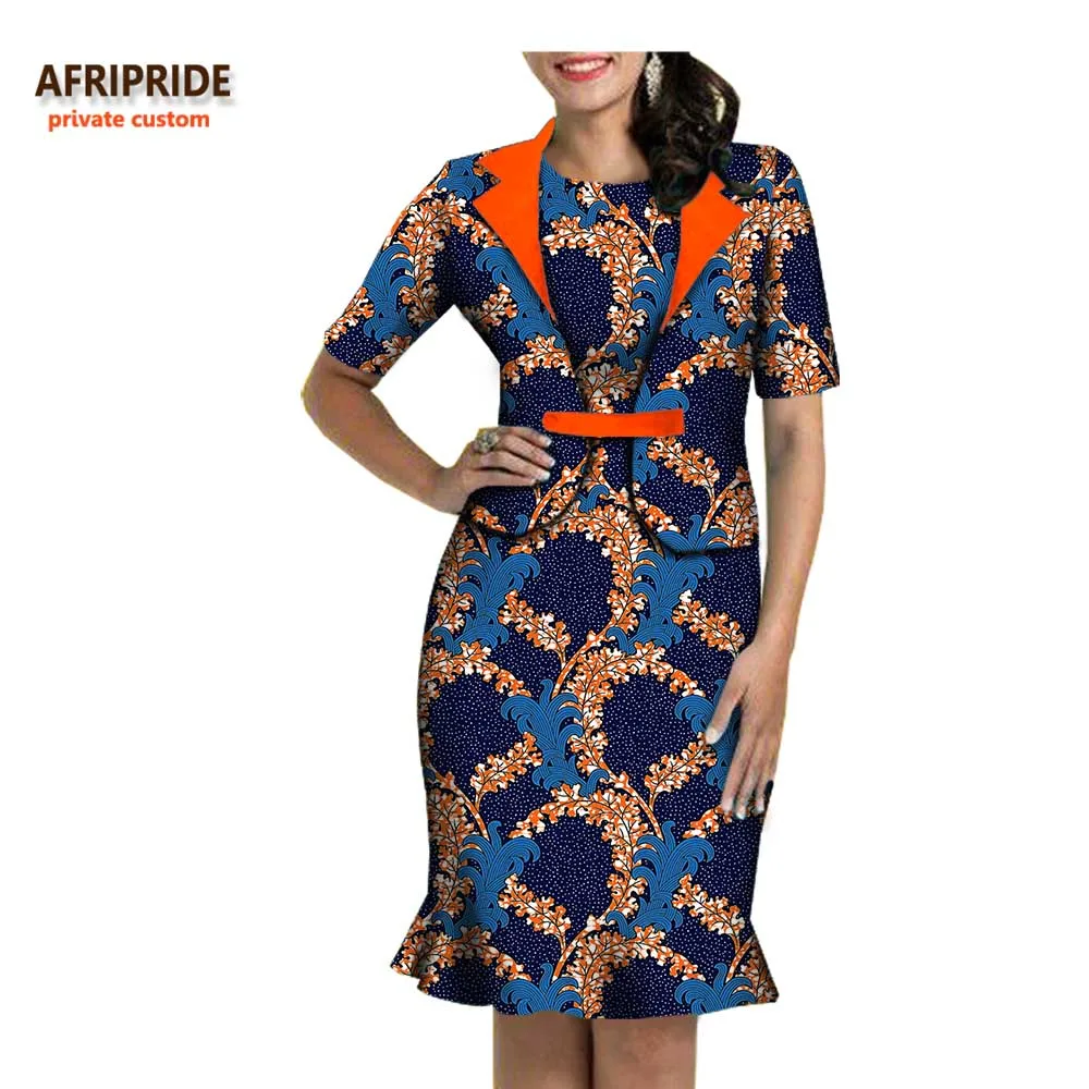 Afripride spring&autumn african 2-pieces suit for women short sleeve single button top+knee-length dress women suit A722664