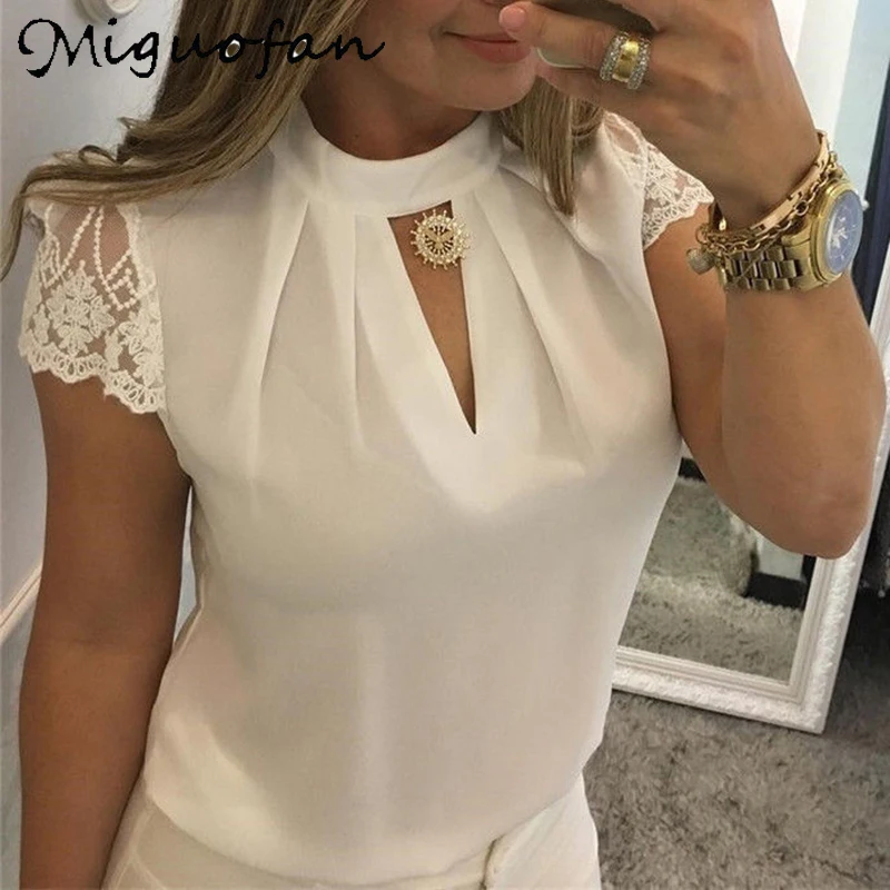 

Miguofan Chiffon Blouses Top Lace Patchwork Shirts Office Elegant Ladies Summer Casual Streetwear Tops Blouse Female 2021 New