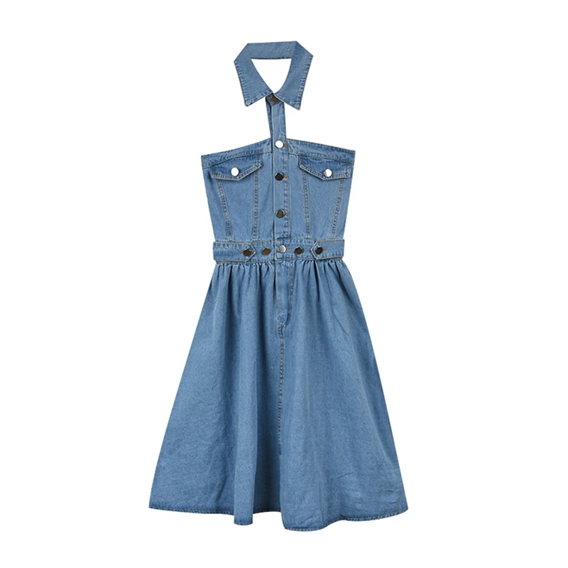 

French Sleeveless Halter Off-Shoulder Denim Dress for Women 2021 Summer Buttons Pocket A- Line Mini Dress Holiday Party Vestidos