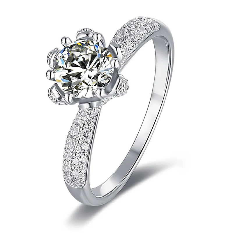 

Straight arm rose flower inlaid silver and platinum plated Moissan diamond ring for women 1 carat 210305-25