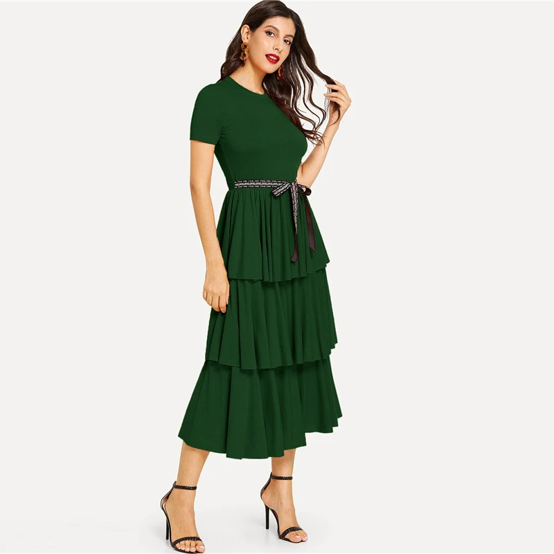 SHEIN Элегантное Длинное Платье с контрастной завязкой на талии, с многослойной оборкой, с высокой талией, женское летнее однотонное офисное платье трапециевидной формы, Платья для вечеринок