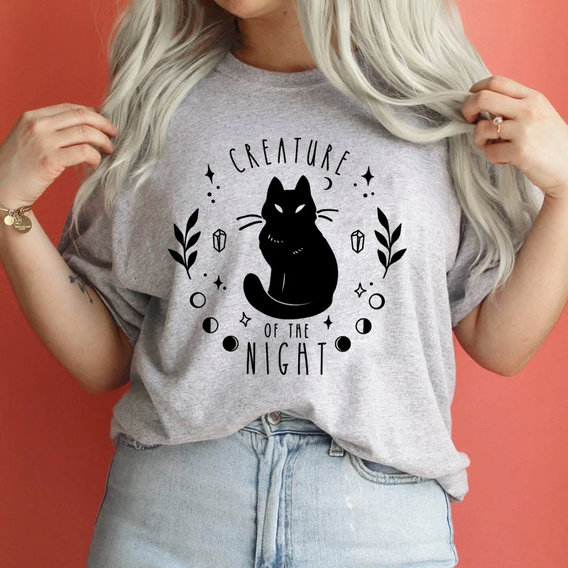 Yaratık gece siyah kedi T-shirt moda kadın grafik cadı cadılar bayramı Tshirt Spooky ay göksel sihirli kristal üst Tee