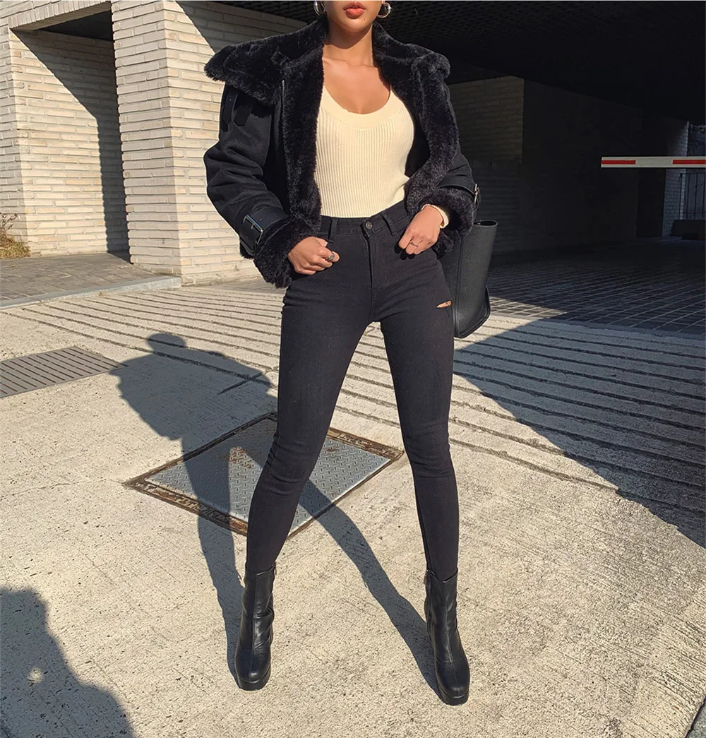 

Casual High Street Skinny High Waist Jeans Woman Ripped Jeans For Women Stretchable Skinny Pants Solid Pencil Pants St428