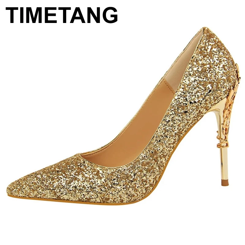 

TIMETANGSexy nightclub women's shoes metal heel thin heel high heel shallow mouth pointed Sequin single shoes wedding shoes