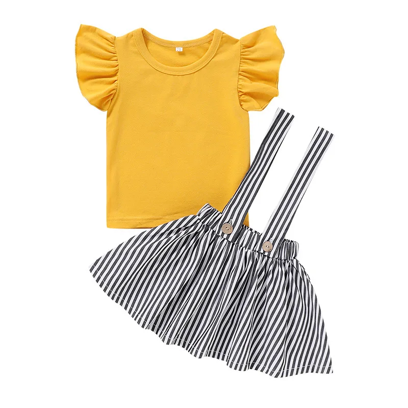 

New Korean Fashion Girls Skirt Suit Summer Short-sleeved Striped Suspender Skirt T-shirt Two-piece Children's Clothing Hot Sale