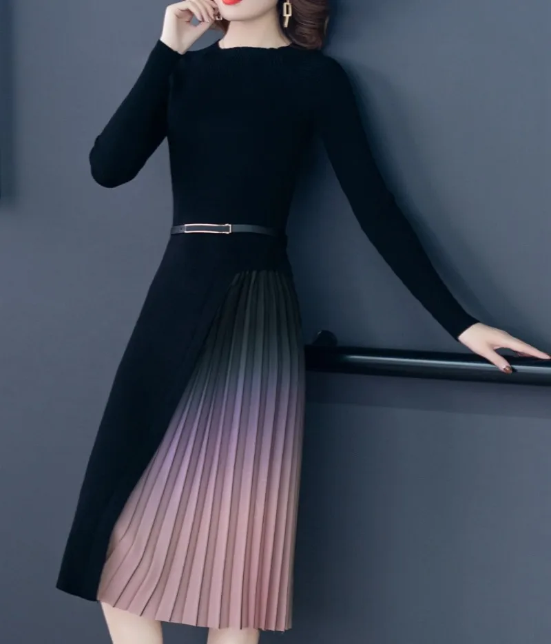 Женское осенне зимнее Элегантное трикотажное плиссированное платье средней