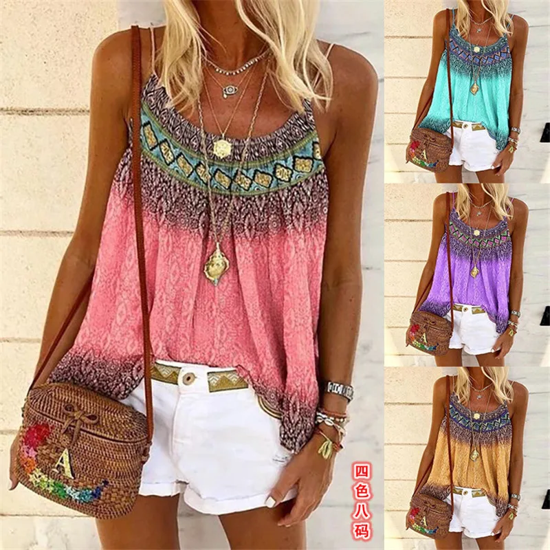

2020 New Gradient Boho Print T-Shirt Large Size Womens Beach Casual Tops Summer Sleeveless O-Neck Loose T Shirt Fashion Lady Tee