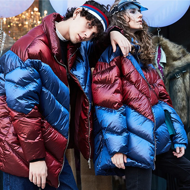 Зимний Большой женский яркий и блестящий материал теплый белый пуховик парки на