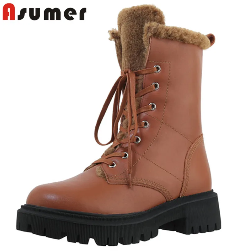 

Женские ботильоны из натуральной кожи Asumer, на толстом меху, Зимние удобные теплые ботинки, 2022