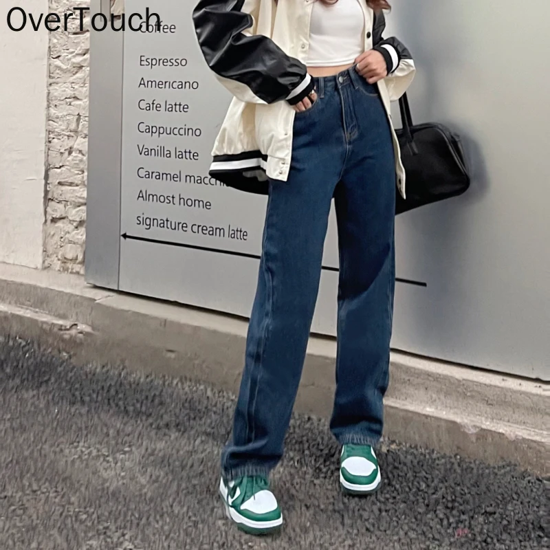 

Overtouch Women's High Waist Straight Jeans Female Autumn Winter Classic Retro Basic Warm Pants Thick Casual Loose Trousers