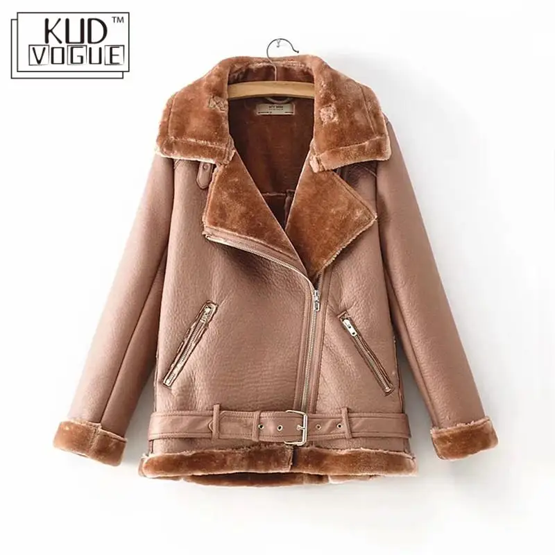 Куртка KUDVOGUE женская из искусственной кожи шерстяной ремень овчины мотоциклетная
