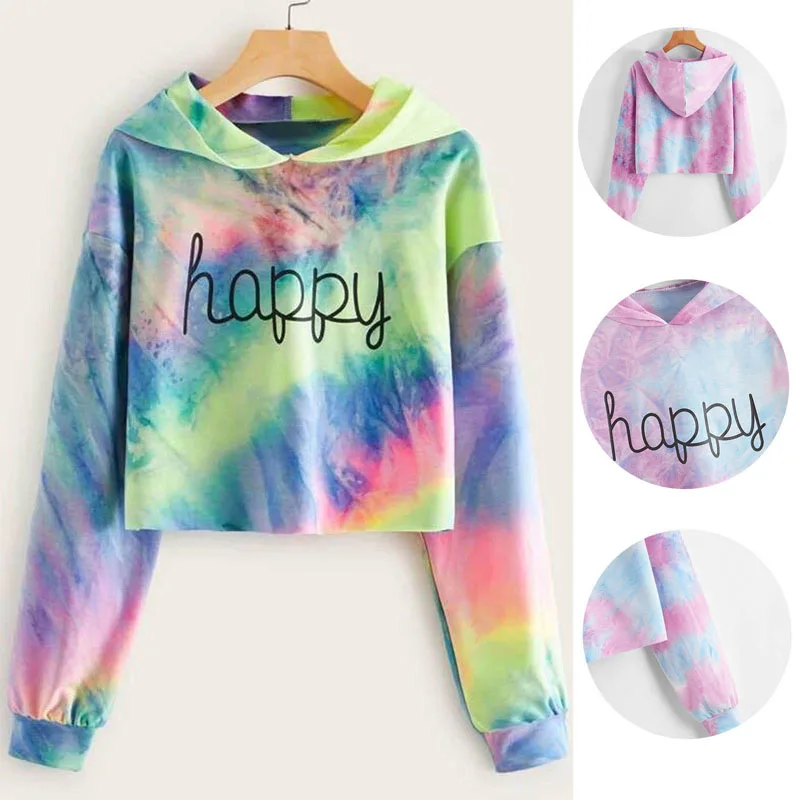 

Fashion Ladies Colorful Rainbow Hoodies Happy Words Long Sleeve 2021 New Sweet Short Hooded Sweatshirts