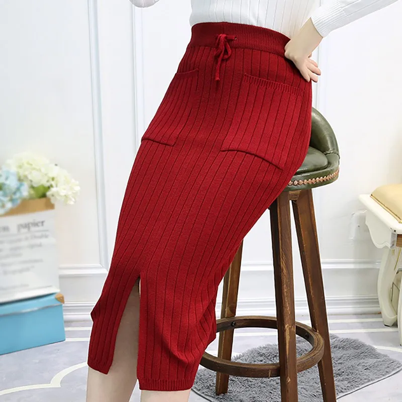 

Autumn winter women knitted skirt elastic waist stretch side split step skirt package hip Slim ladies solid color skirt