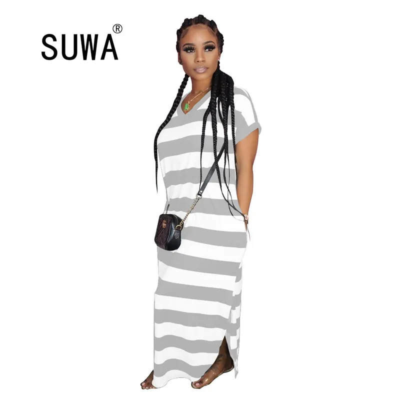 

Hot sale 2020 summer sexy lady 3 colors solors striped floor-length dress short sleeve V-neck loose dress lady casual sundress