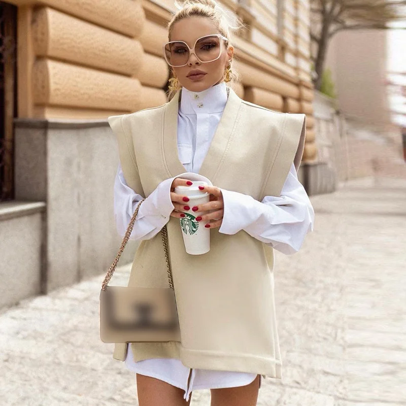 Женский Осенний свободный Универсальный пуловер без рукавов с V-образным вырезом