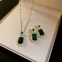 925 silver needle zircon emerald crystal geometric earrings necklace set for women retro super shiny stud necklace jewellery set