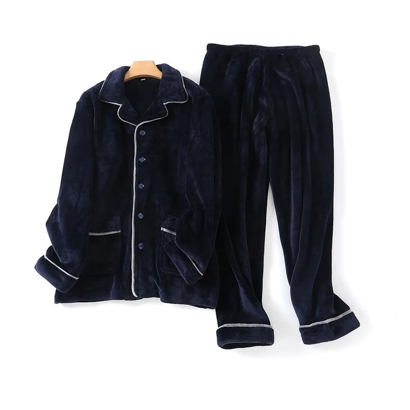 

Men Pajamas 100% Flannel Home Wear Long-sleeved Trousers Pajama Suit Winter New Loose Warm Pajamas