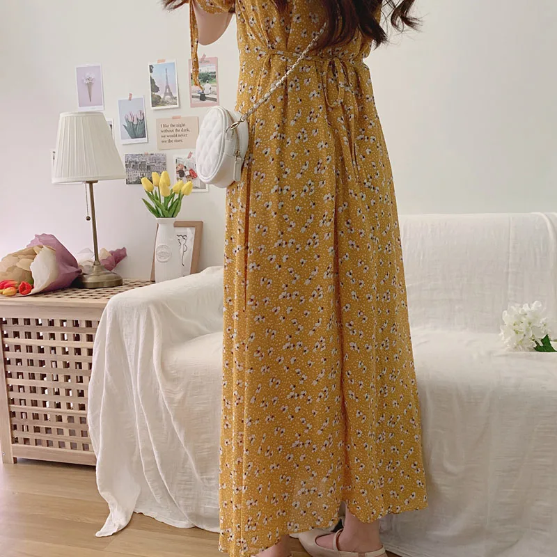 Vestido de verano de una pieza estilo coreano, informal, Vintage, de gasa, con cuello en V, Floral, 2021