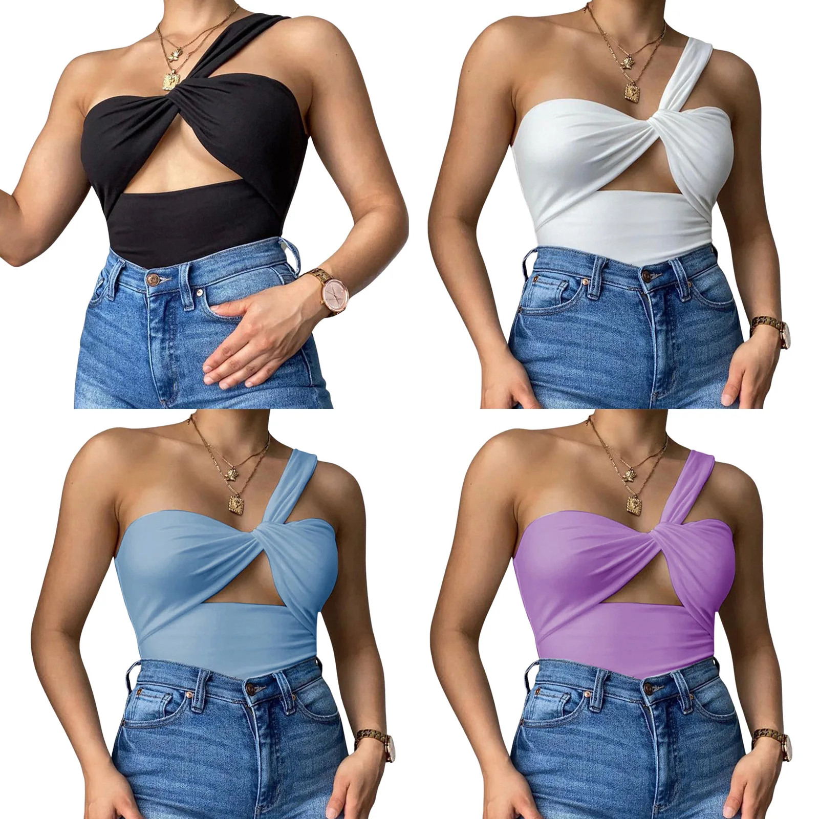 

2021 New Women’s Fashion Solid Color Knotted Vest Sexy Oblique Shoulder Hollow Slim Fit Sleeveless Tops