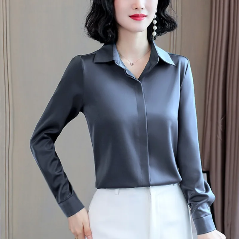 

Office Lady Satin Elegant Blouses 2021 Spring Summer Long Sleeve Vintage Shirts Women's Tops workwear Blusas Button Shirts 3XL