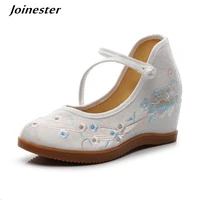 ladies wedge sandals summer thick heel espadrilles ankle strap women cotton shoes ethnic retro button wedges embroidered pumps