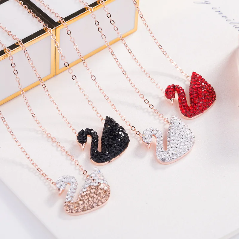 

Swarovski S925 Sterling Silver Black Swan Necklace Women Gradient Red Pendant Clavicle Chain Animal