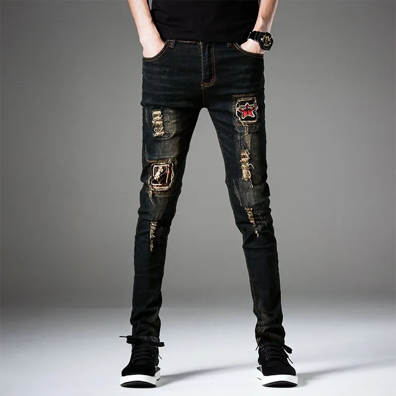 

Free Shipping New men's male denim jeans brand hole Korean slim feet pants printing spring summer stretch trousers 95% cotton