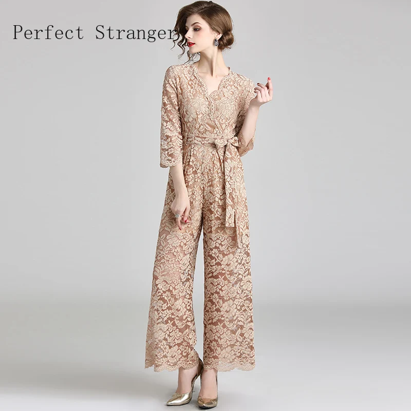 

2021 New Arrival Euro-american Dress High Quality Elegant V Collar Three-quarter Sleeve Lace Women Jumpsuit