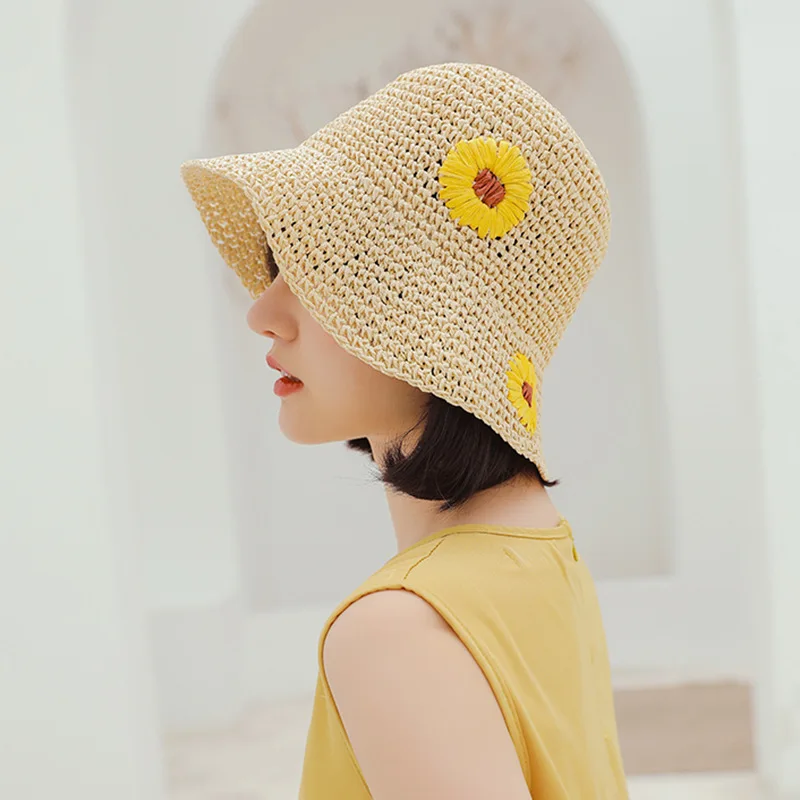 Японский соломенная шляпа вязаная крючком Для женщин прогулки подсолнечника с