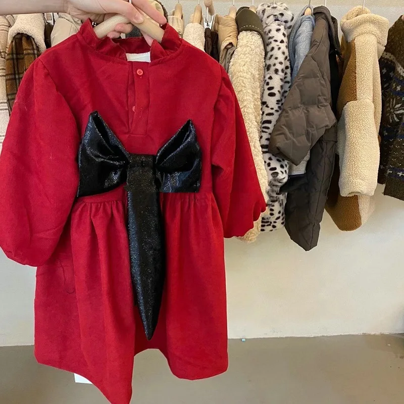 

Платье для девочек WLG, детская одежда, зимние бархатные плотные черные и красные платья с оборками и бантом, однотонные платья с сумкой, тепл...