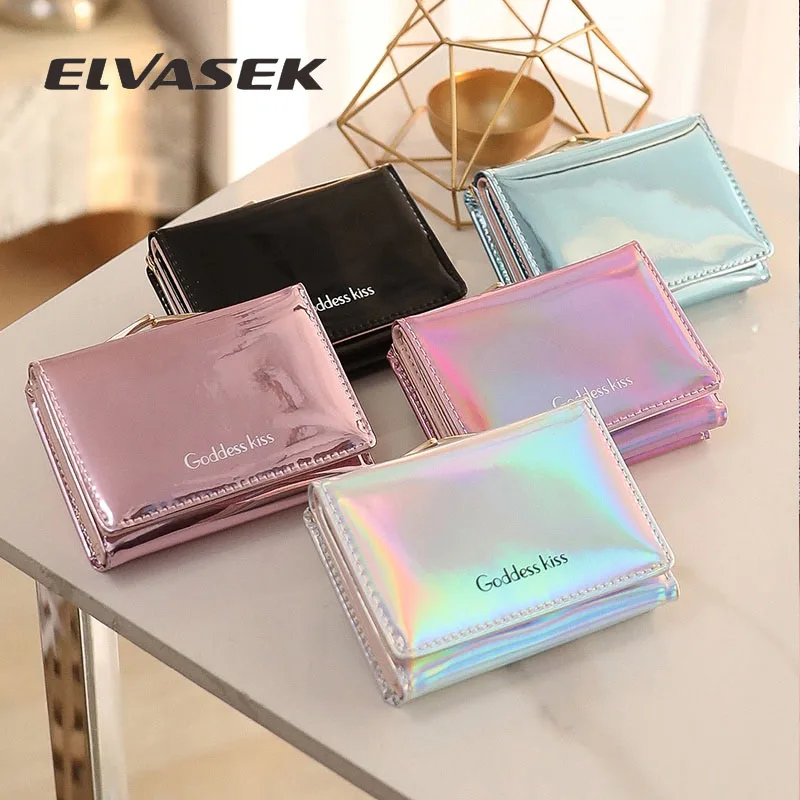 ELVASEK женский лазерный голографический кошелек короткий милый для монет