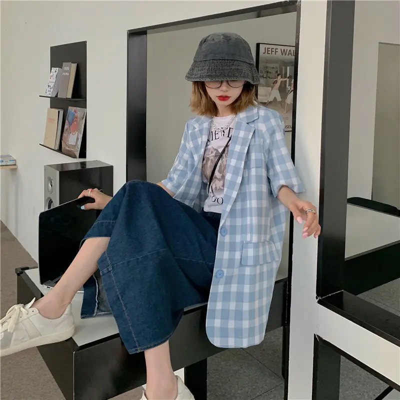 Женские блейзеры летняя мешковатая универсальная однобортная клетчатая модная