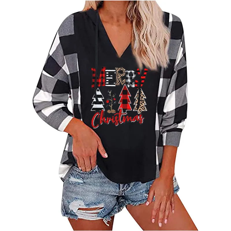 

Новинка 2021, модные женские толстовки в клетку с принтом, осенне-зимний Женский свитшот с капюшоном, свитшот с рождественской елкой, топы