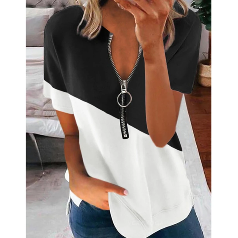 

Print Tops Women Summer New Elegant Fashion V-Neck Zip Blouse Shirts Women Casual Short Sleeve Pullover Streetwear 2021