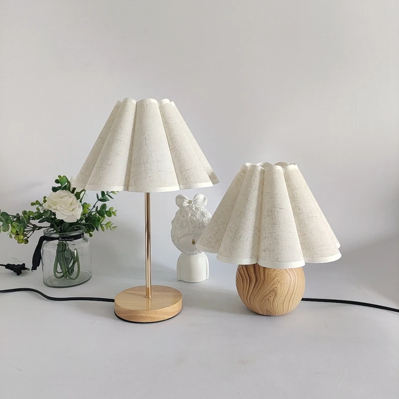 

Simple Designs Wood Table Lamp Korean Style White Linen Round Bedside Desk Lamps for Home Bedrooms Decoration