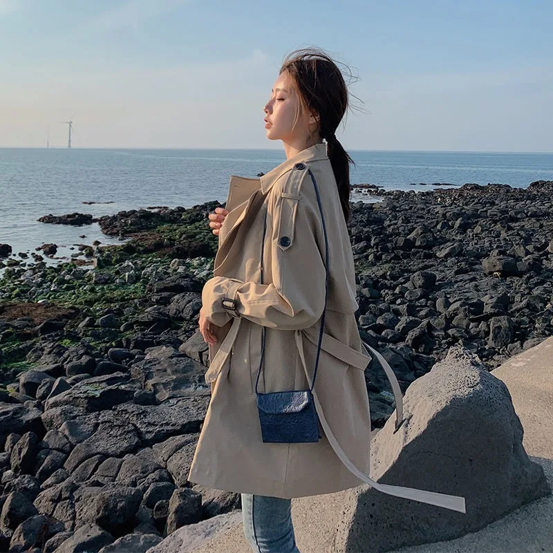 

Тренчкот женский двубортный с поясом, модная брендовая Длинная Верхняя одежда в стиле оверсайз, синий/хаки, Осень-зима 2020