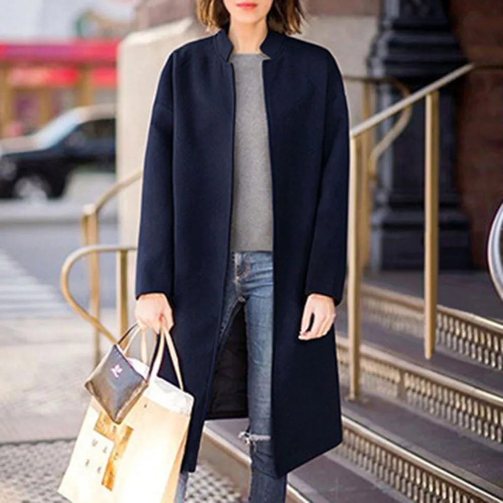

Casual Winter Ladies Coat New Women Solid Minimalism Long Overcoat Fashion Long Sleeve Stand Collar Cardigan Patchwork Elegant