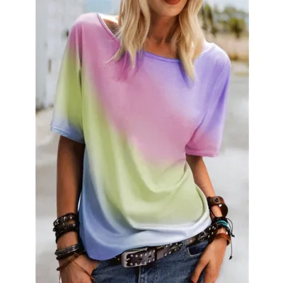 

Summer Plus Size Casual Women T Shirt O-Neck Loose Short Sleeve Gradient Print Top Tshirts Female Oversize Street Clothing Tops
