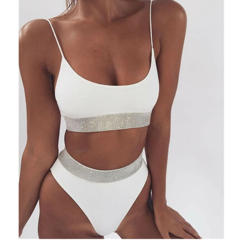 Женский купальник с высокой талией черный/белый пикантный бикини блестками