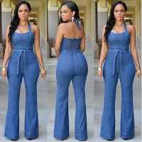 casual jumpsuits women 2021 summer fashion faux denim halter jumpsuit club slim fit backless sexy bodysuit sashes indie rompers