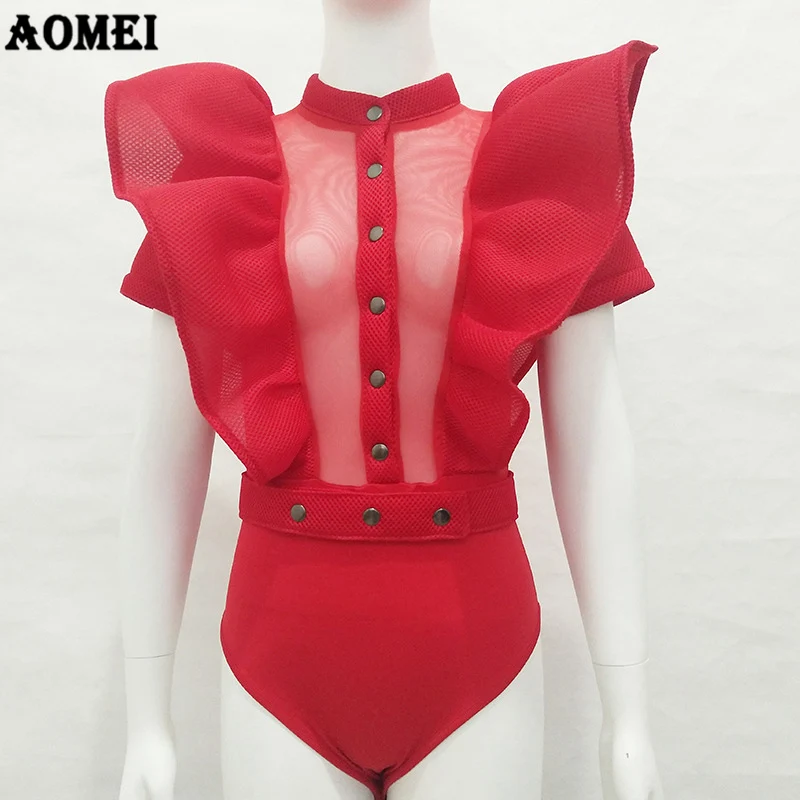 Женское боди комбинезон красный лоскутный сексуальный тюлевый прозрачный на