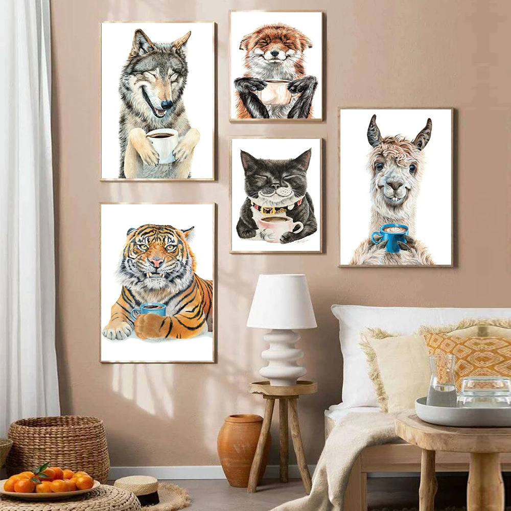 

Funny Animals Drinking Coffee in the Morning Poster Prints Llama Latte Grizzly Tiger Fox Canvas Painting Kitchen Bar Wall Decor