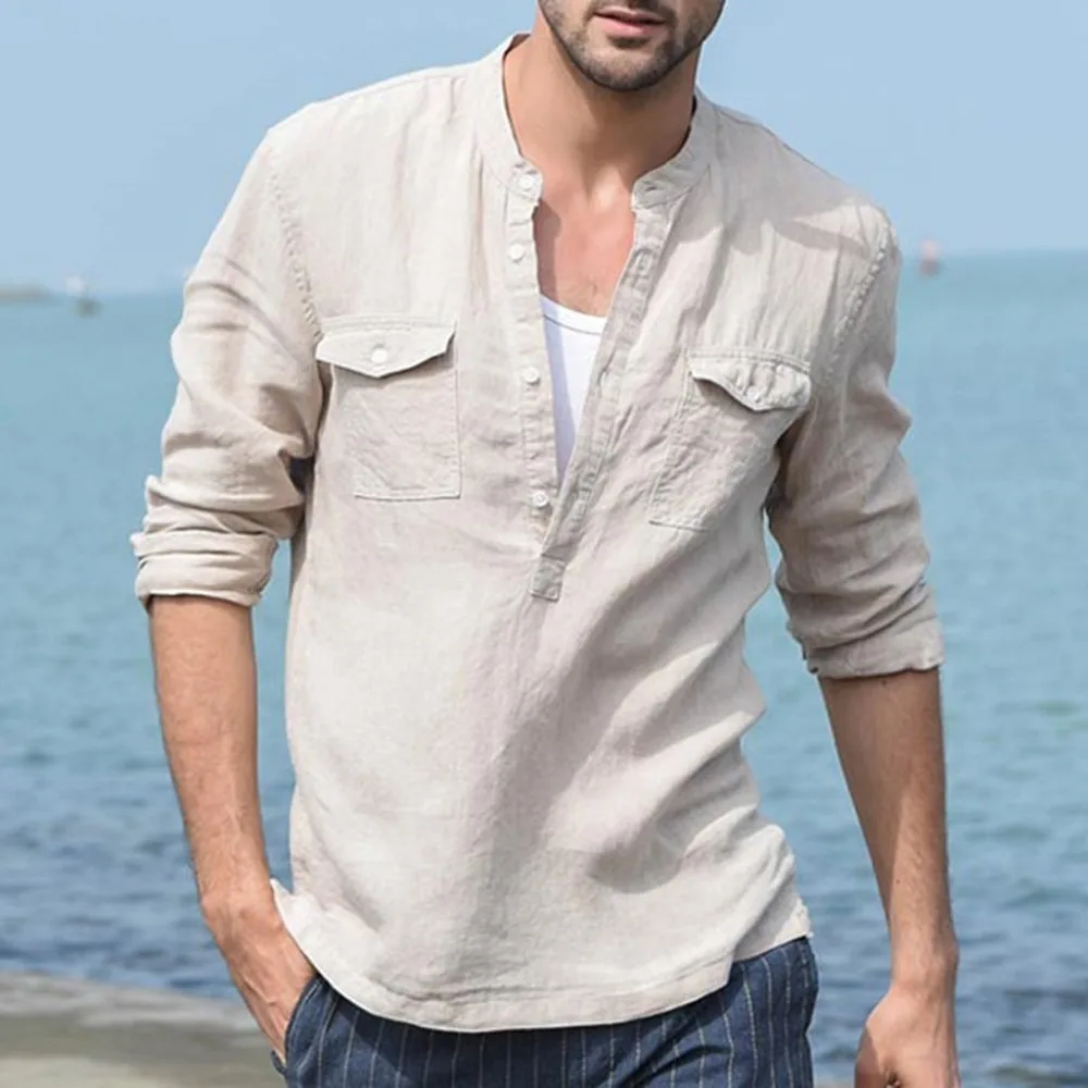 

New men's summer long sleeves cotton linen long sleeves cotton casual breathable shirt style solid men's shirt