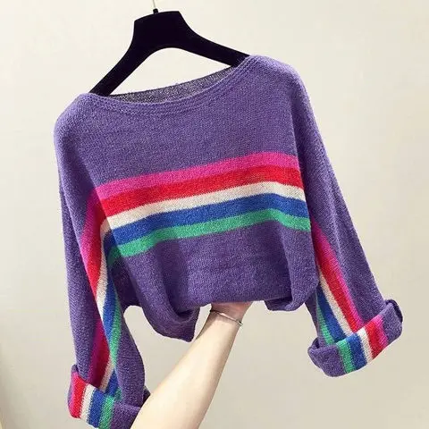 

Color stripe stitching sweater women's autumn new loose top lazy style sweater long sleeve bottom coat fashion