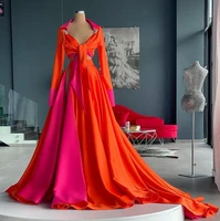 sexy orange and fuchsia evening dresses two pieces full sleeve empire waist shirt prom dress with color matching party gowns