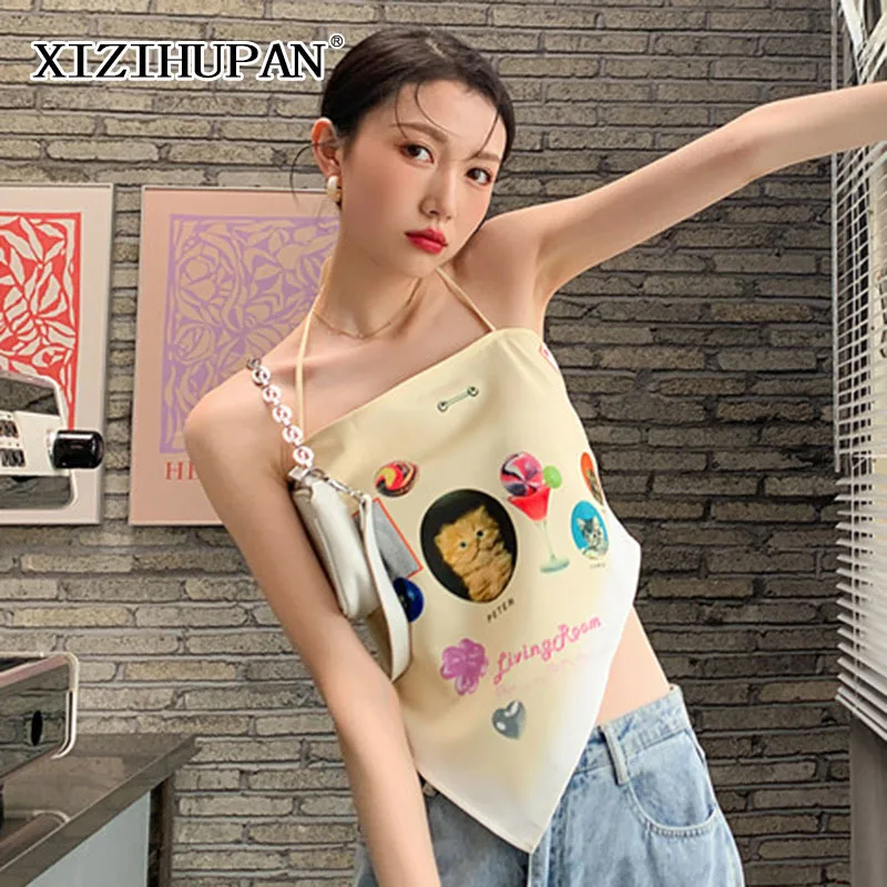 

XIZIHUPAN Sexy Camis For Women Lace Up Asymmetrical Lace Up Backless Print Vest Female Summer Fashion New Clothing 2021 Tide