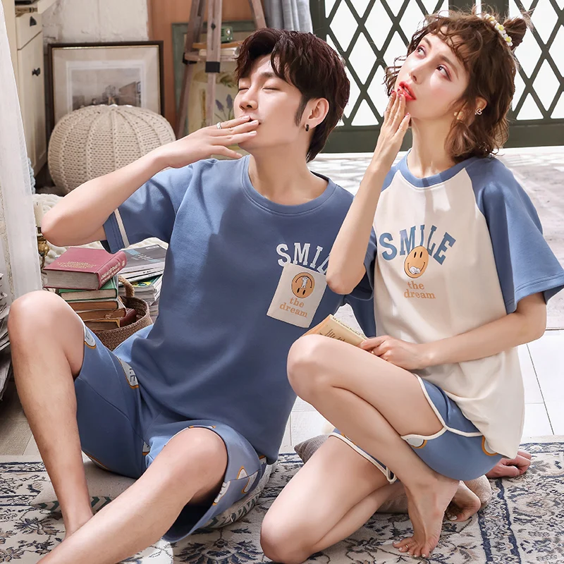 

Летняя Пижама, хлопковая мультяшная парная Пижама, комплект с коротким рукавом и круглым вырезом, Повседневная Милая женская домашняя одеж...